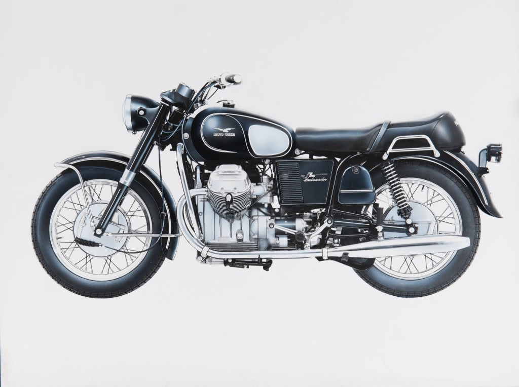 The side view of a black-and-white 1969 Moto Guzzi V750 Ambassador