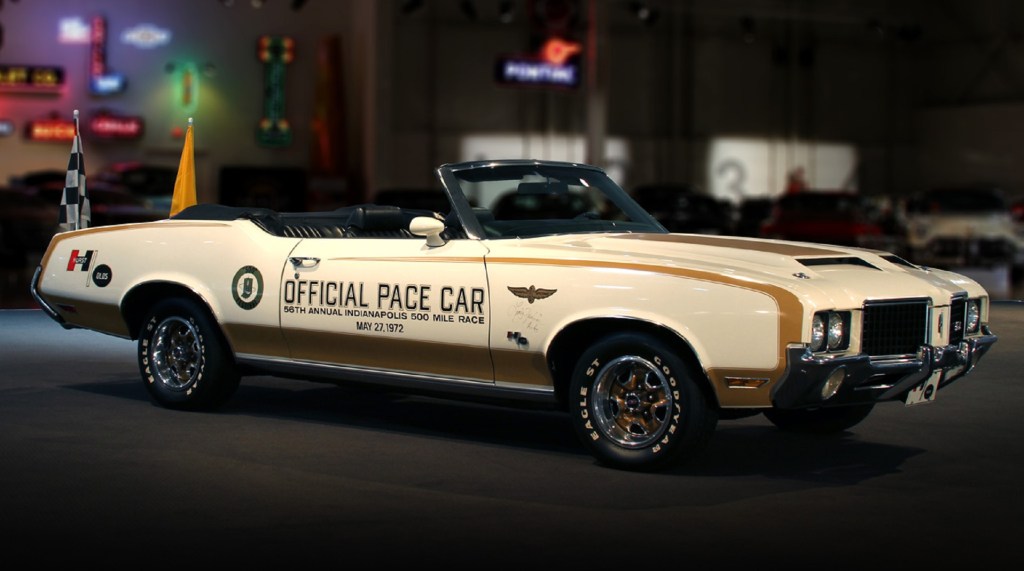 The white-and-gold 1972 Oldsmobile Cutlass Hurst/Olds Convertible Indianapolis 500 Pace Car
