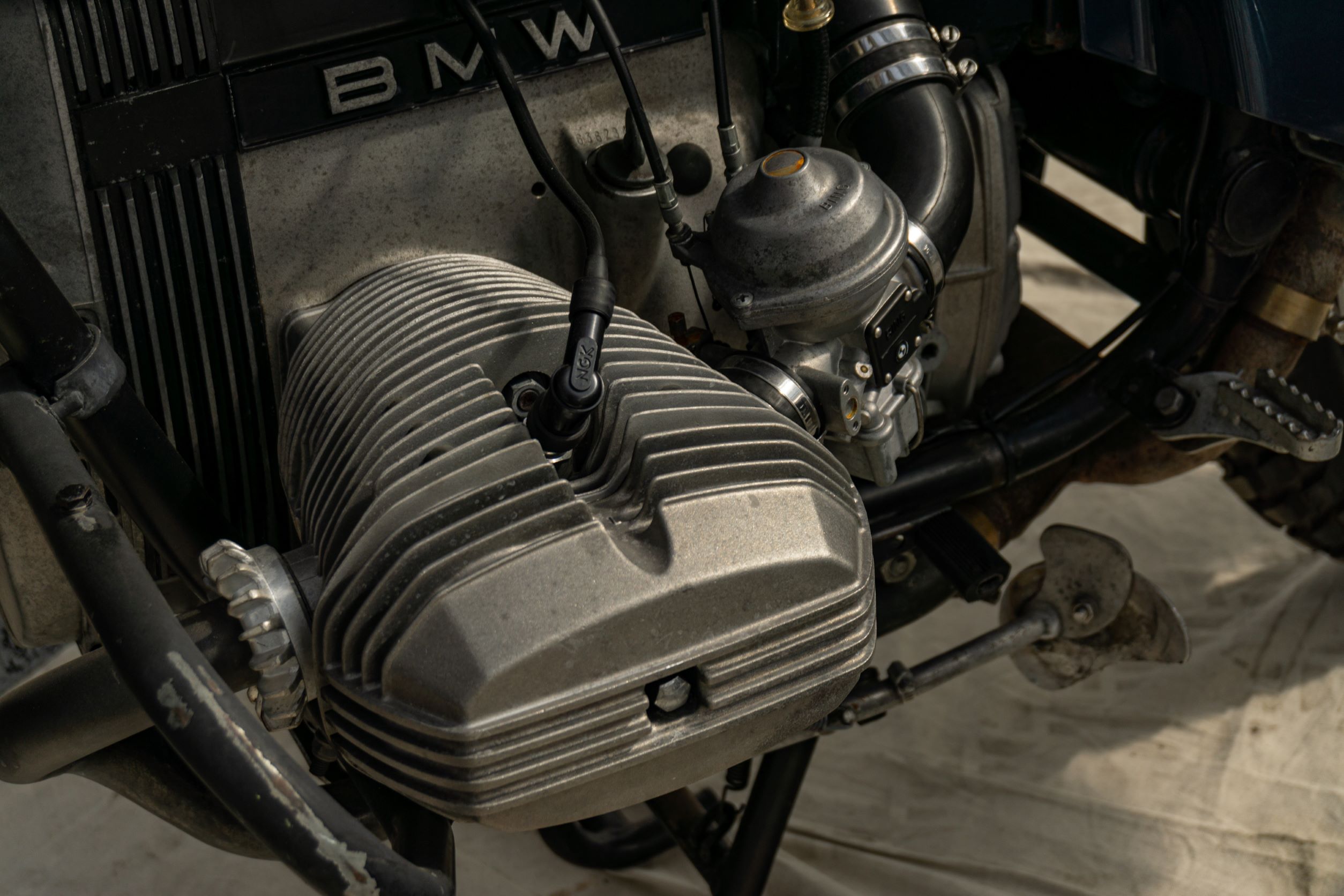 A closeup view of one 1983 BMW R80 G/S's cylinder heads
