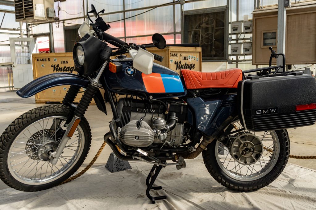 The side view of a blue-and-red 1983 BMW R80 G/S