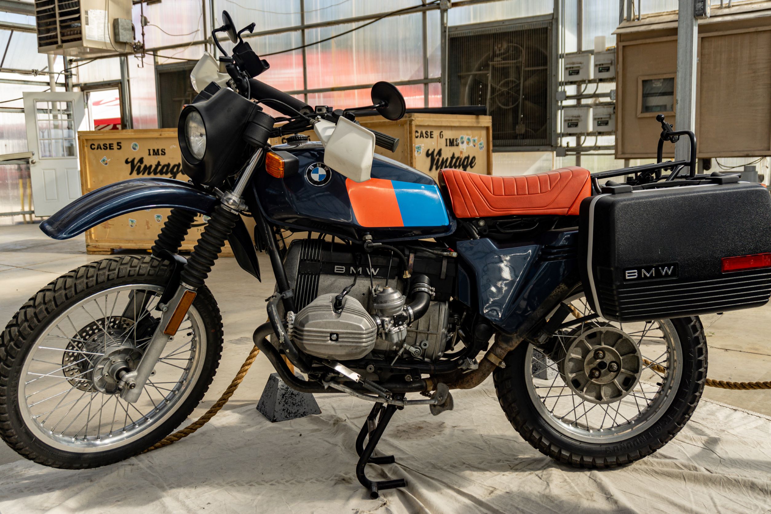 The side view of a blue-and-red 1983 BMW R80 G/S