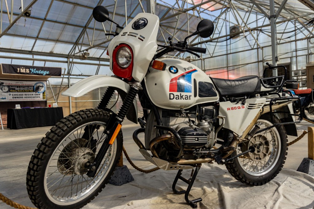 A white-blue-red-and-black 1987 BMW R80 G/S Paris Dakar at IMS Outdoors Chicago 2021
