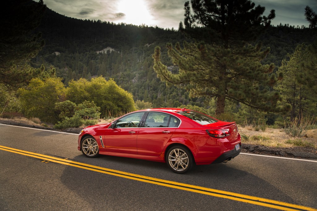 A red 2015 Chevrolet SS on a Colorado back road