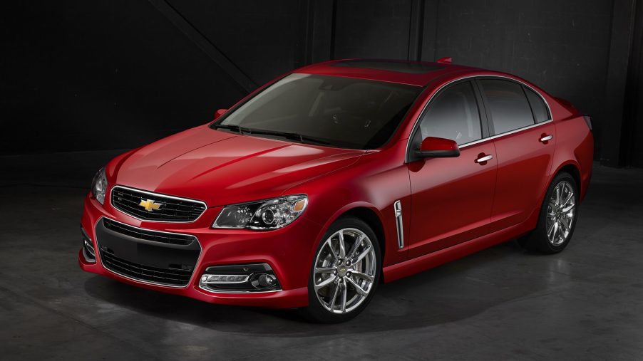 A red Chevrolet SS shot from the high 3/4 front angle