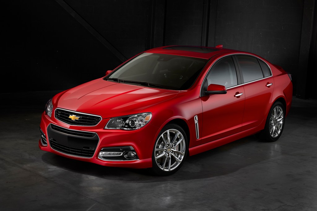 A red Chevrolet SS shot from the high 3/4 front angle