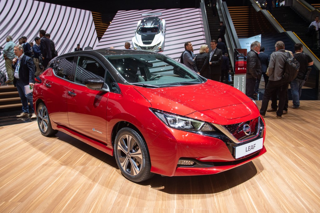A red 2019 Nissan Leaf EV on display at the 89th Geneva International Motor Show in March 2019 in Switzerland