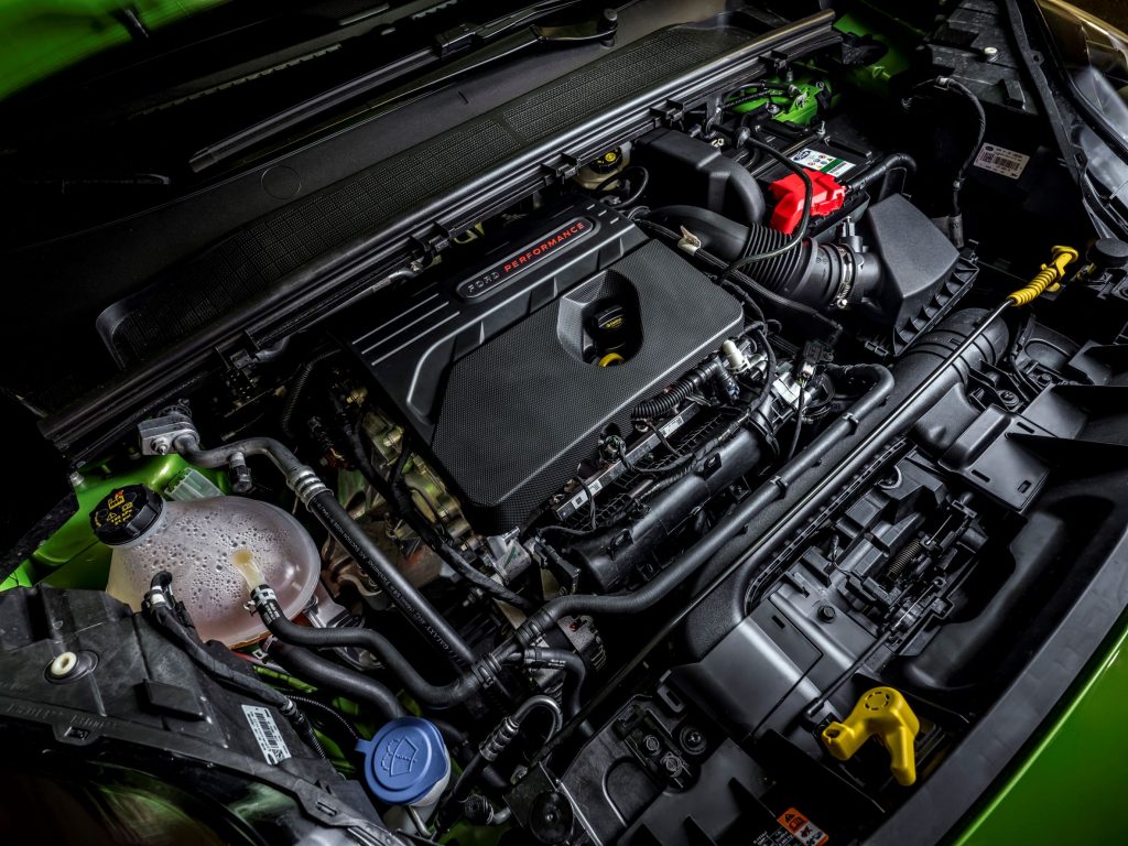 A green 2020 Ford Puma ST's 1.5-liter EcoBoost three-cylinder engine