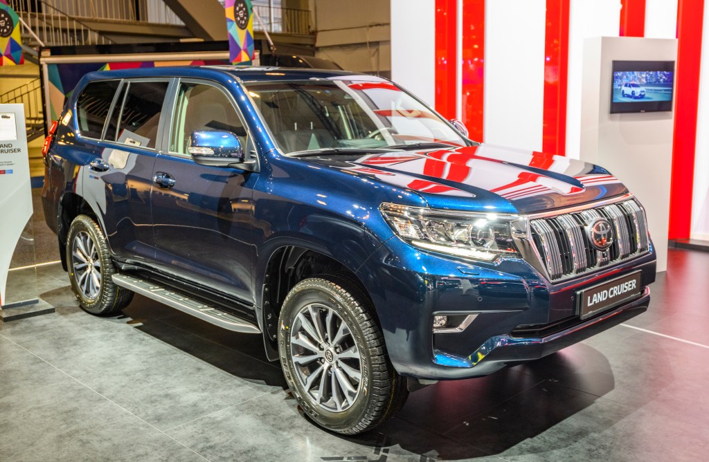 A blue 2020 Toyota Land Cruiser off-road SUV on display at the 2020 Brussels Expo in Belgium