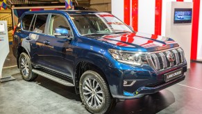 A blue 2020 Toyota Land Cruiser off-road SUV on display at the 2020 Brussels Expo in Belgium