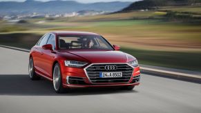 The 2021 Audi A8 sedan model in red