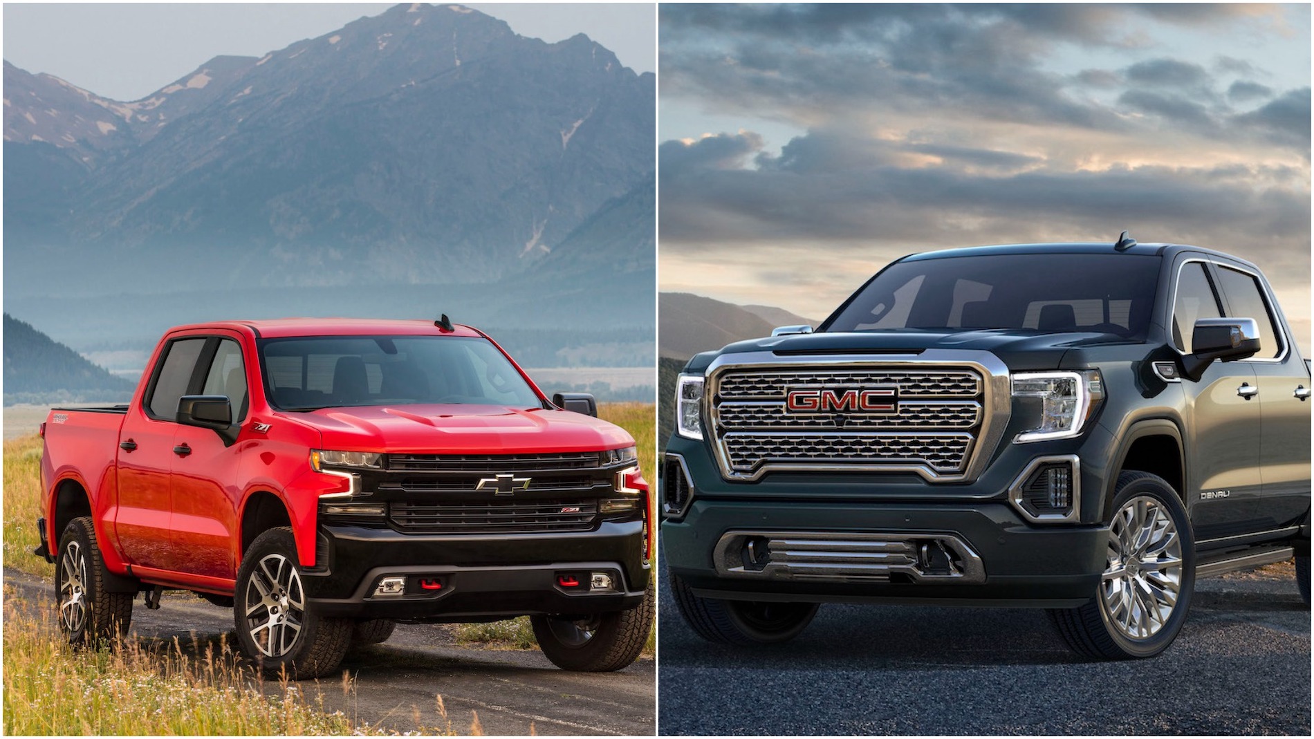 A 2021 Chevy Silverado and a 2021 GMC Sierra facing each other in a photo collage