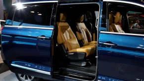 A blue metallic 2021 Chrysler Pacifica at the 2020 Chicago Auto Show Media Preview