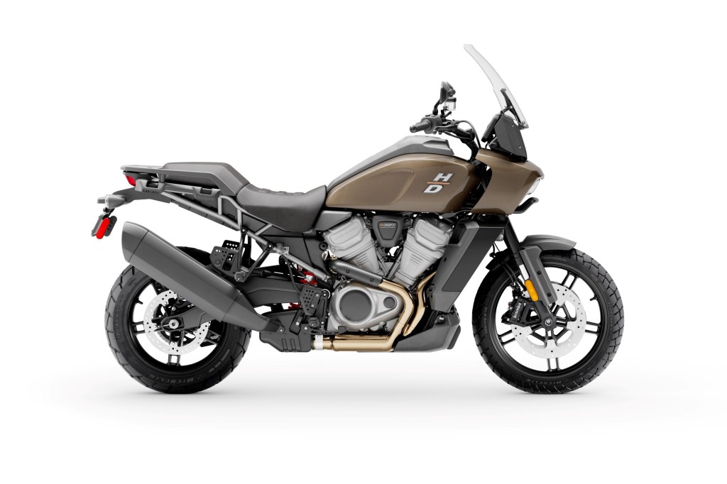 The side view of a brown 2021 Harley-Davidson Pan America 1250