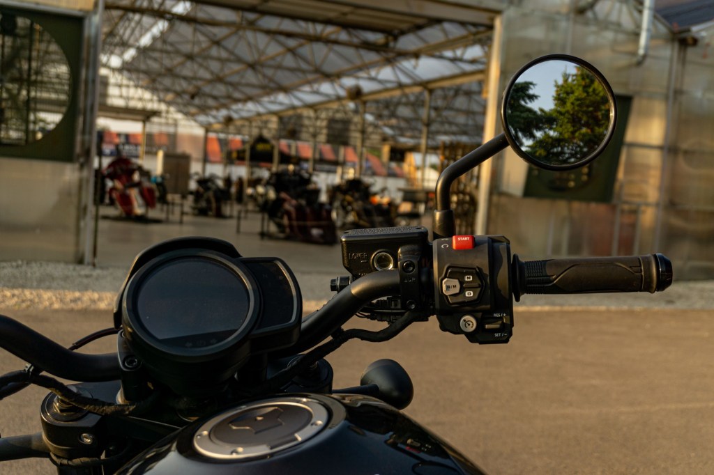 The right handlebar controls and LCD gauge on a black 2021 Honda Rebel 1100 DCT