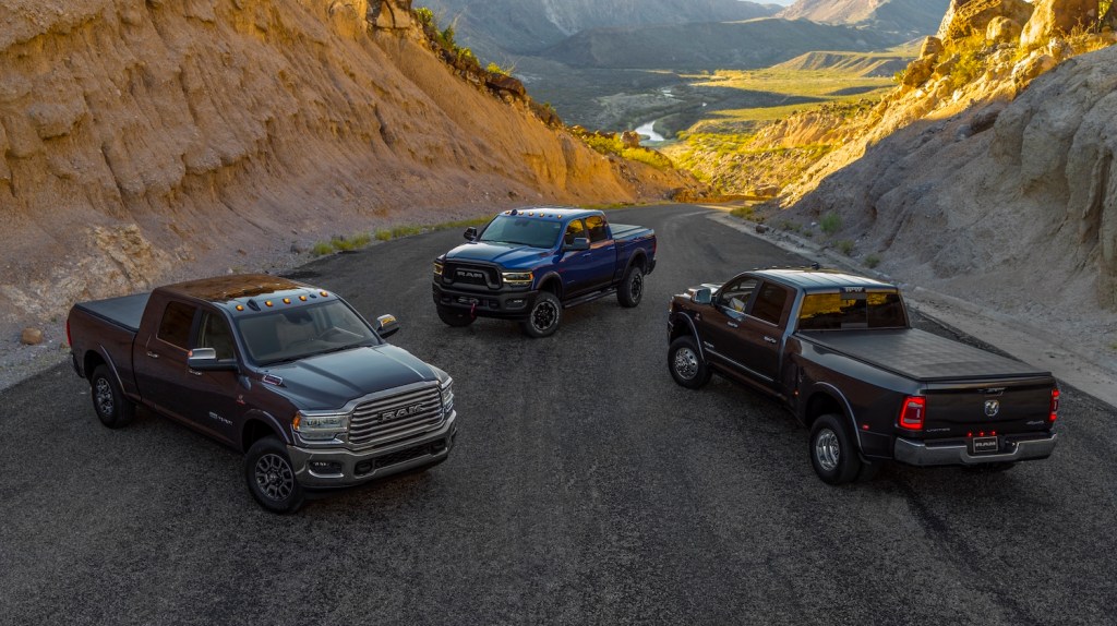 The 2021 Ram Heavy Duty lineup in the mountains