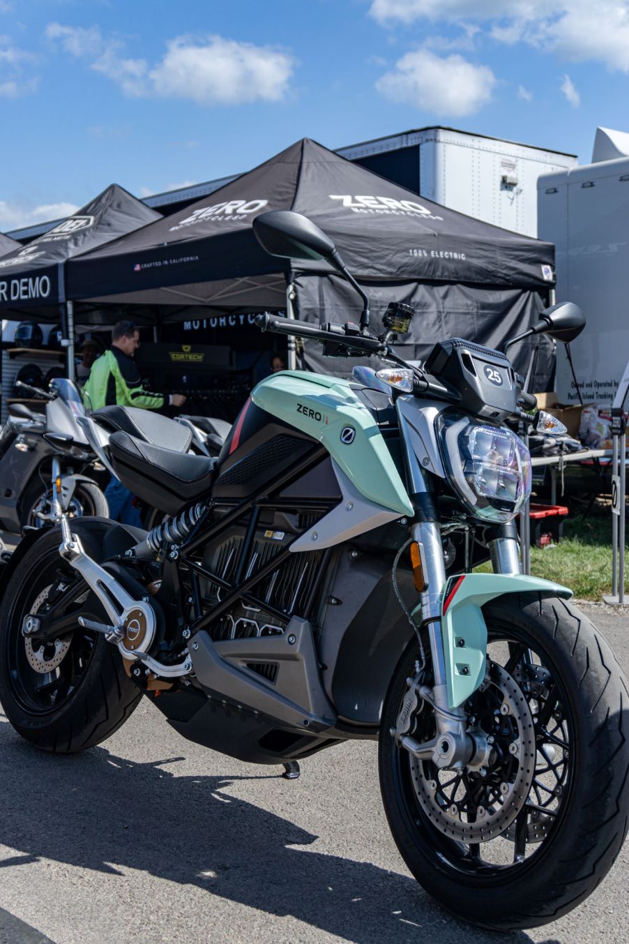 A mint-green 2021 Zero SR/F Premium in a parking lot