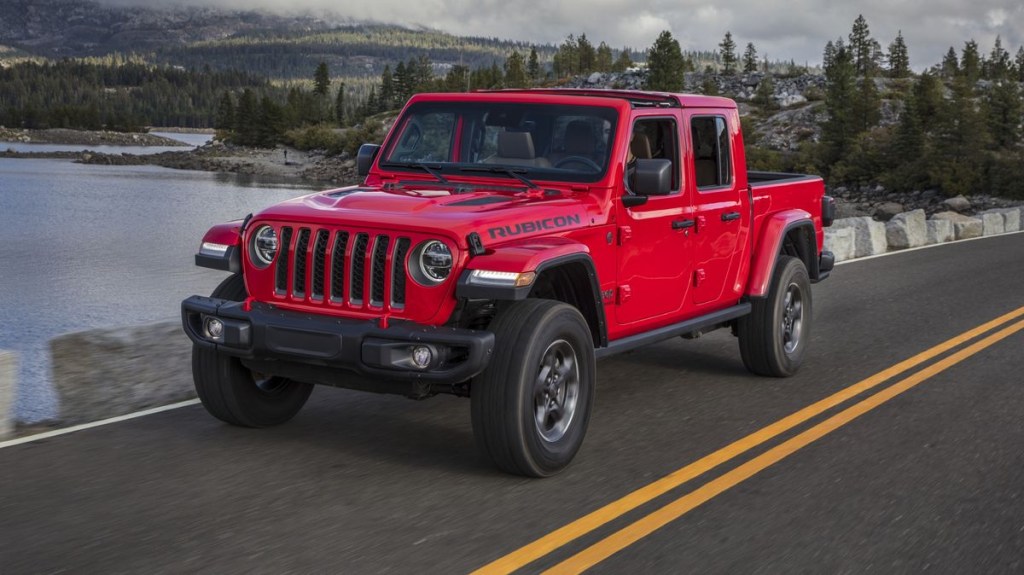 A red 2021 Jeep Gladiator on the road