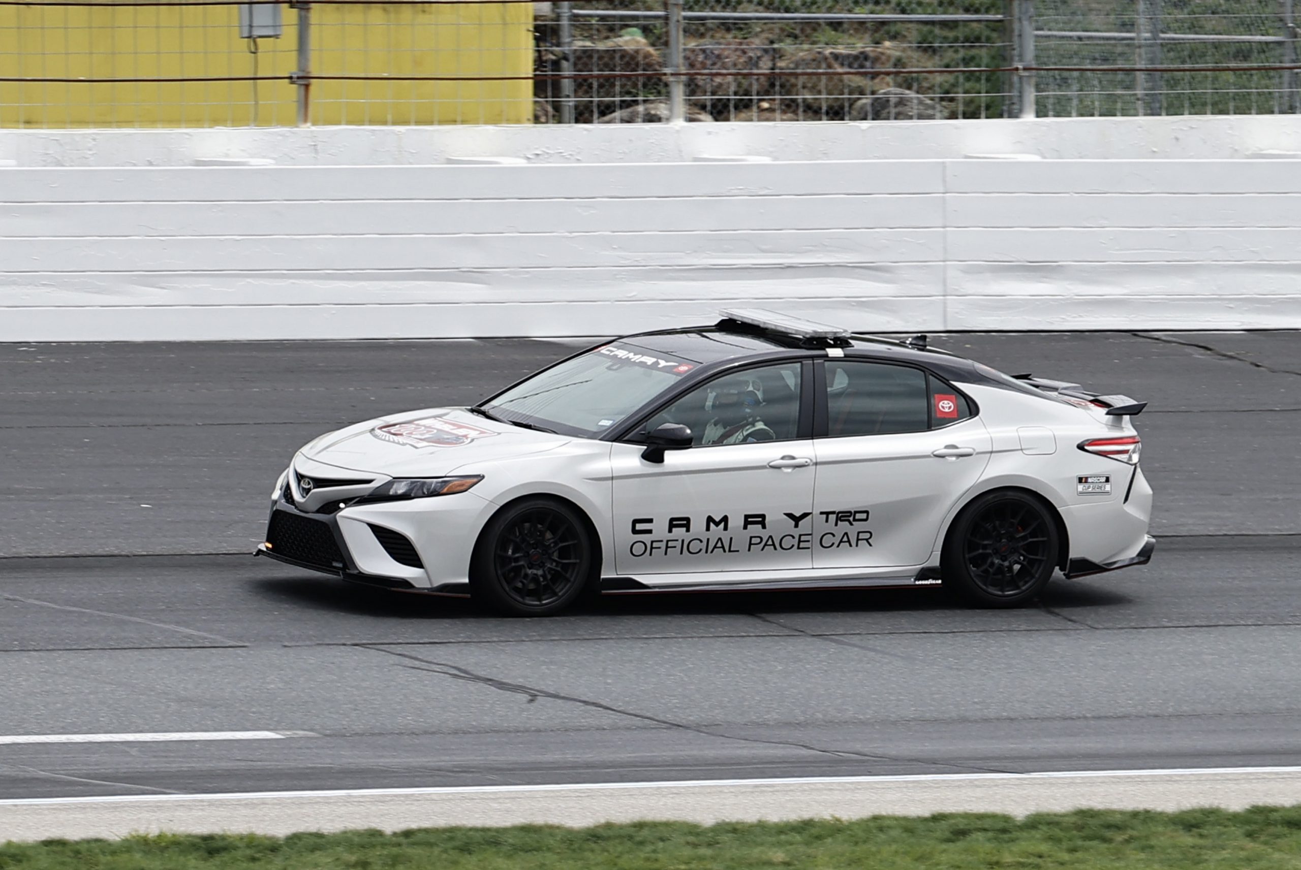 A white Toyota Camry sedan pace car at the New Hampshire Motor Speedway