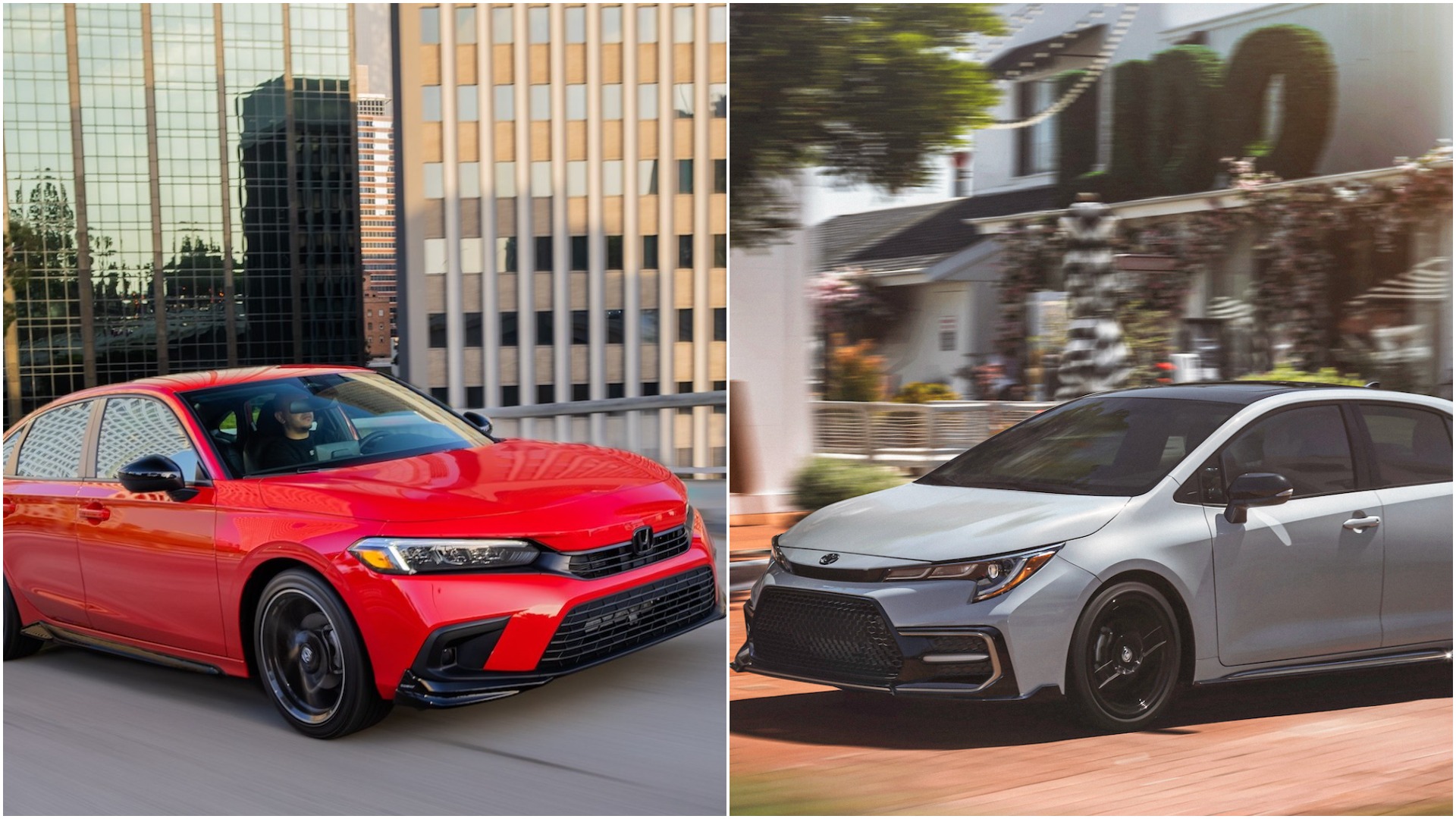 A red 2022 Honda Civic faces a silver 2021 Toyota Corolla in a photo collage