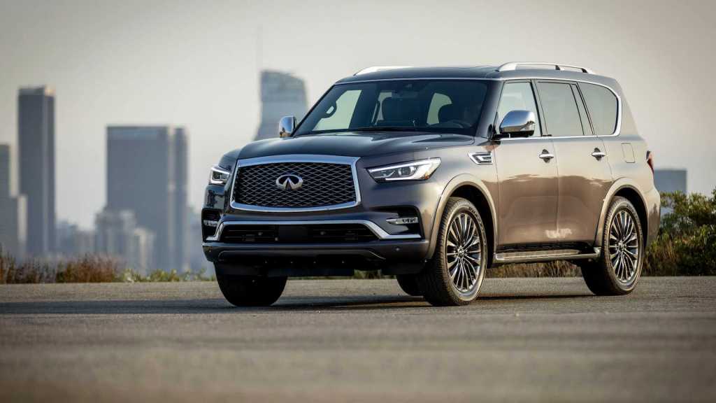 A brown 2022 Infiniti QX80 parked within view of a city skyline.
