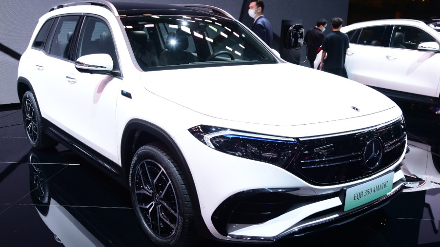 A white Mercedes-Benz EQB 350 4Maticcar is on display during the 19th Shanghai International Automobile Industry Exhibition (Auto Shanghai 2021) at National Exhibition and Convention Center (Shanghai) on April 20, 2021 in Shanghai, China.
