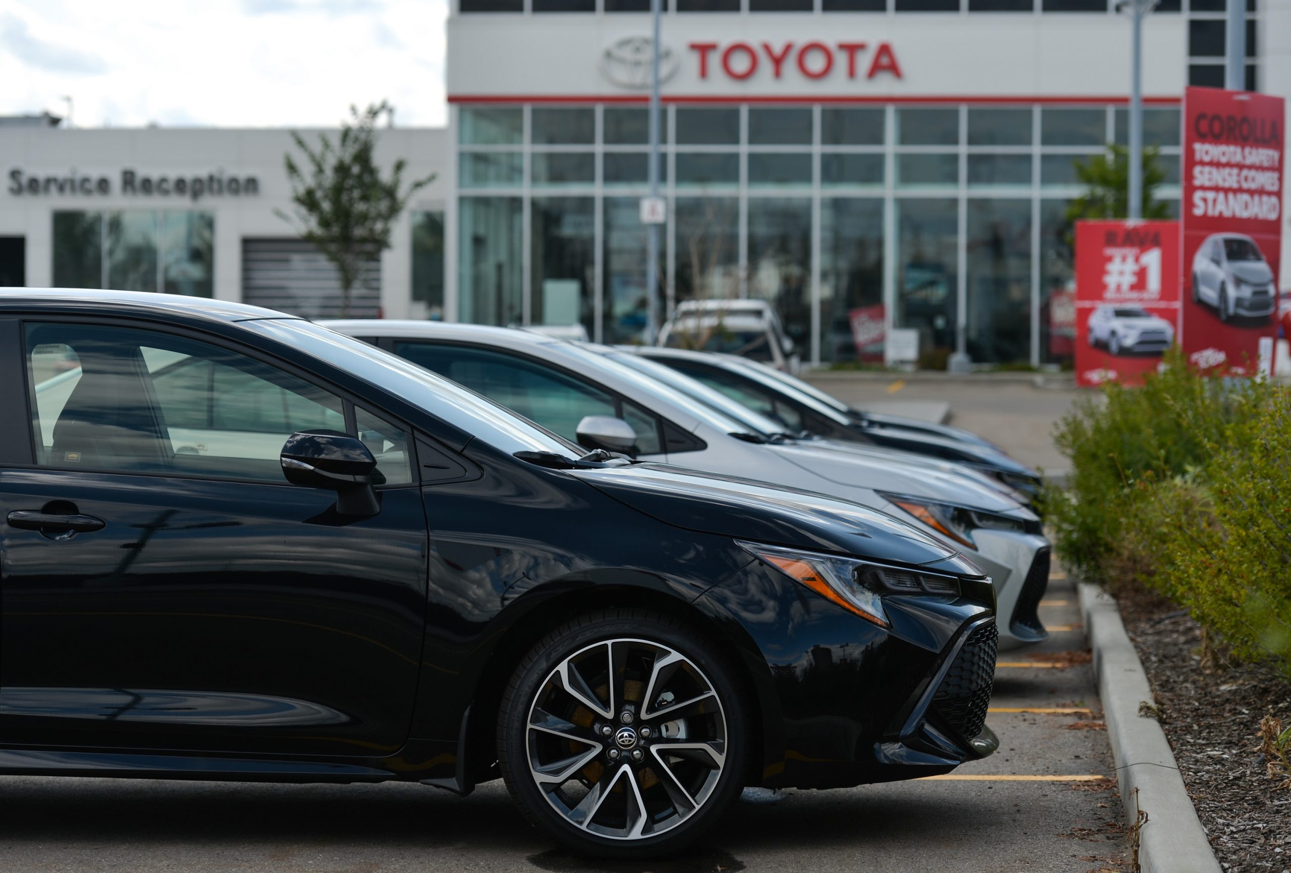 A line of 2022 Toyota Corolla models, shot in profile on a Toyota dealership lot