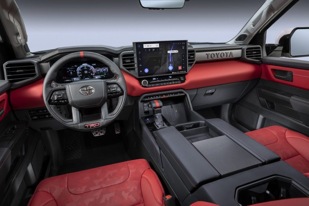 This is a promo photo of a 2022 Toyota Tundra TRD Pro interior. This high-speed offroad truck is a cost-effective Ford Raptor