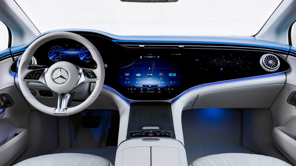 The new Mercedes Hyperscreen in the EQE sedan, comprised of three screens across the dash of the new sedan