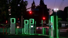 A green-lit public EV charging station in a Ralph's supermarket parking lot in Monterey Park, California