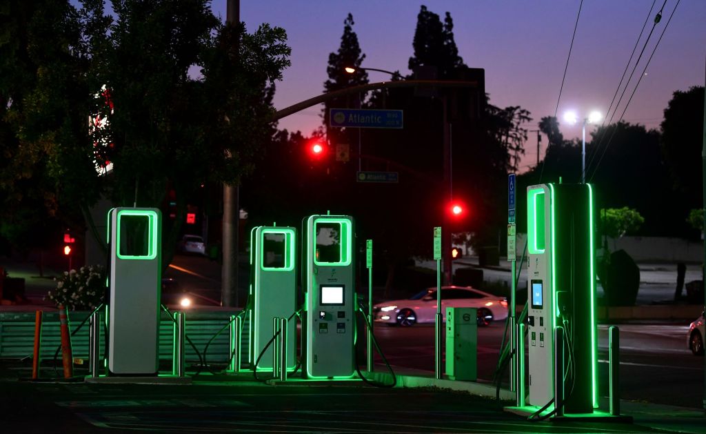 A green-lit public EV charging station in a Ralph's supermarket parking lot in Monterey Park, California