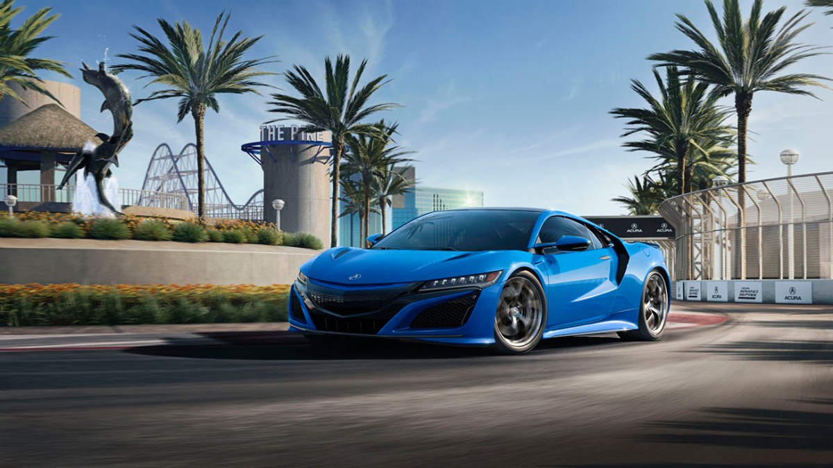 Acura NSX in Long Beach Blue Pearl paint photographed driving on the Grand Prix of Long Beach race track. Featured in Acura NSX Type S story