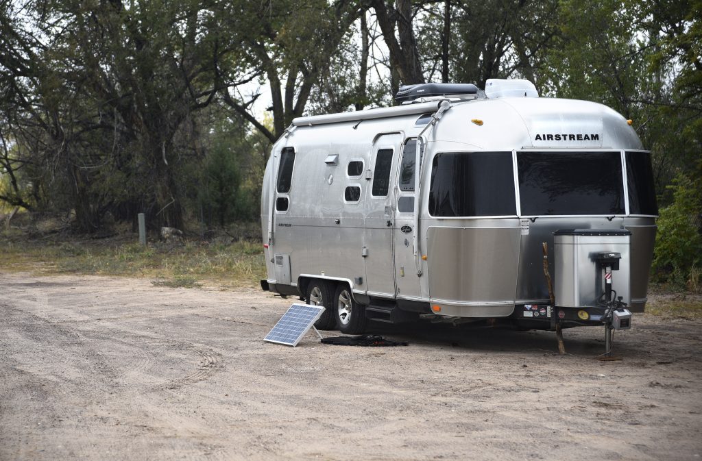 Airstream Trailer Parked On Gravel RV Parking Spot