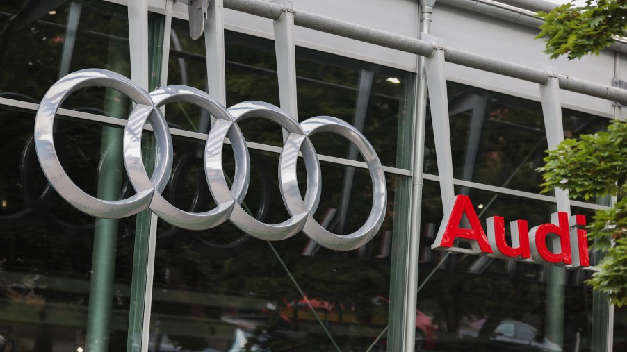 An Audi logo on a car dealership in Berlin, Germany, in July 2021