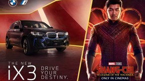 A promotional image featuring the BMW iX3 and the movie poster for Shang-Chi and The Legend Of The Ten Rings Marvel Studios film.