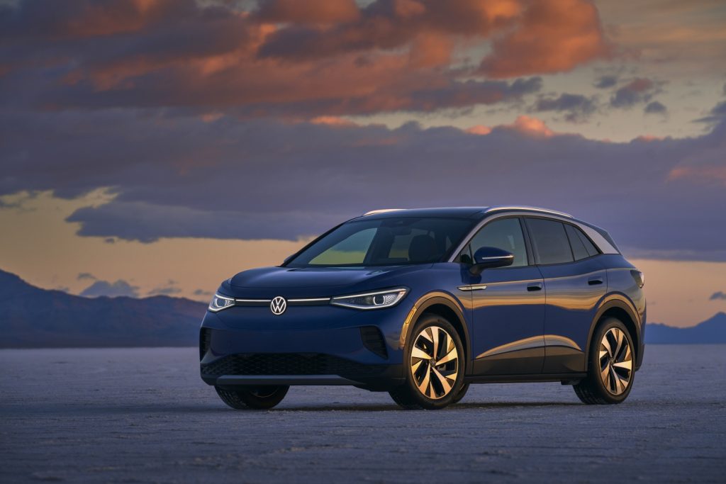 Driver's side front angle view of blue 2021 Volkswagen ID.4