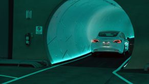 A Tesla car entering the Las Vegas Loop from Elon Musk's The Boring Company