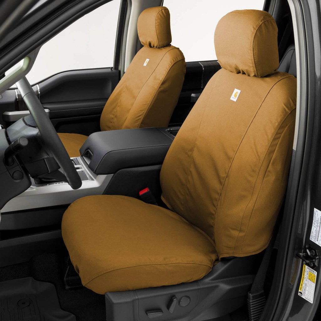 brown custom Carharrt seat covers in a Ford F-150