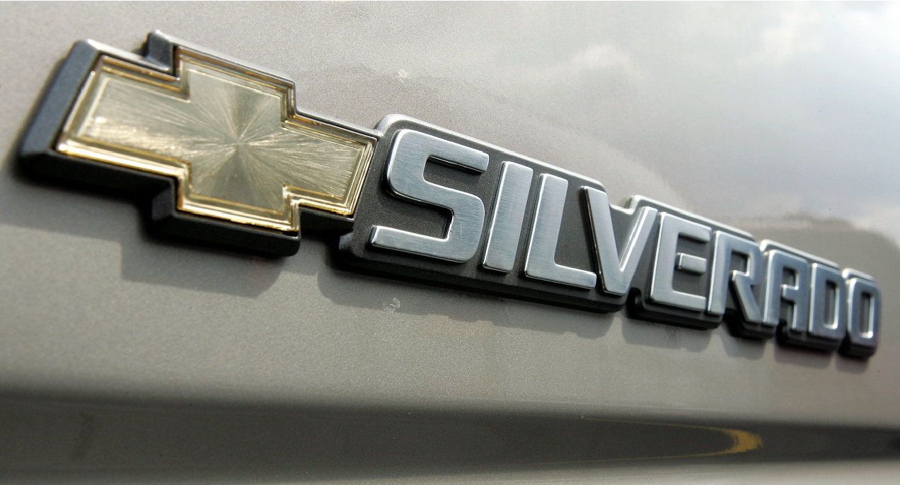 A Silverado logo is displayed on a 2005 Chevrolet Silverado pickup truck at a new car lot April 6, 2005 in Elk Grove Village, Illinois. The National Highway Traffic Safety Administration has given the 2005 Chevrolet Silverado a low rating in crash tests.