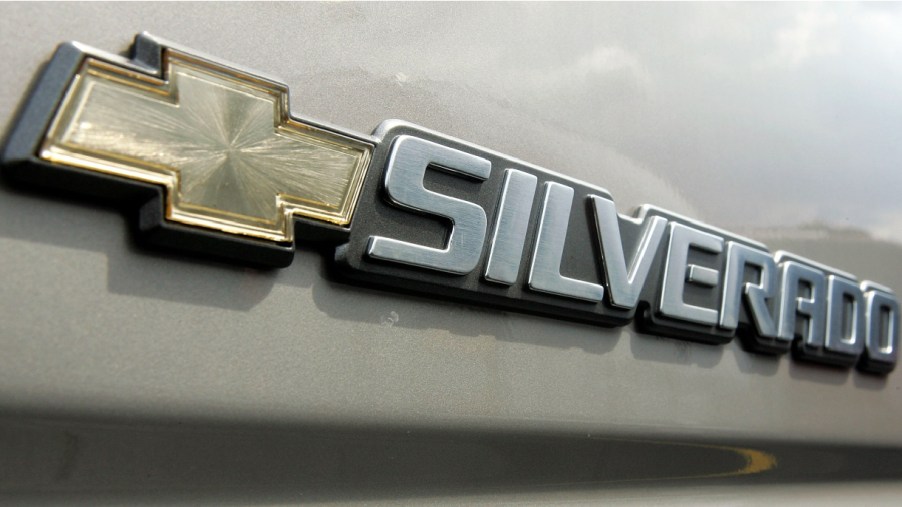 A Silverado logo is displayed on a 2005 Chevrolet Silverado pickup truck at a new car lot April 6, 2005 in Elk Grove Village, Illinois. The National Highway Traffic Safety Administration has given the 2005 Chevrolet Silverado a low rating in crash tests.