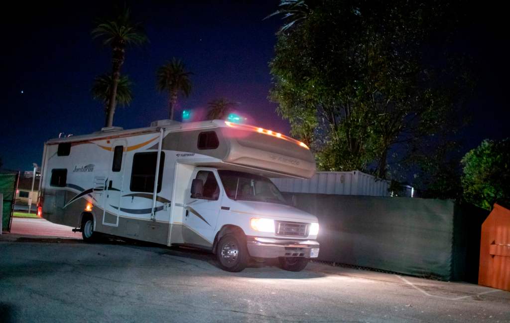 Class C RV Parked at Night
