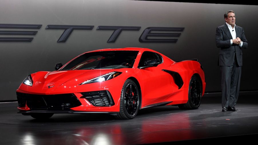 The 2020 Corvette C8 presented by General Motors president Mark Reuss during a news conference in Tustin, California
