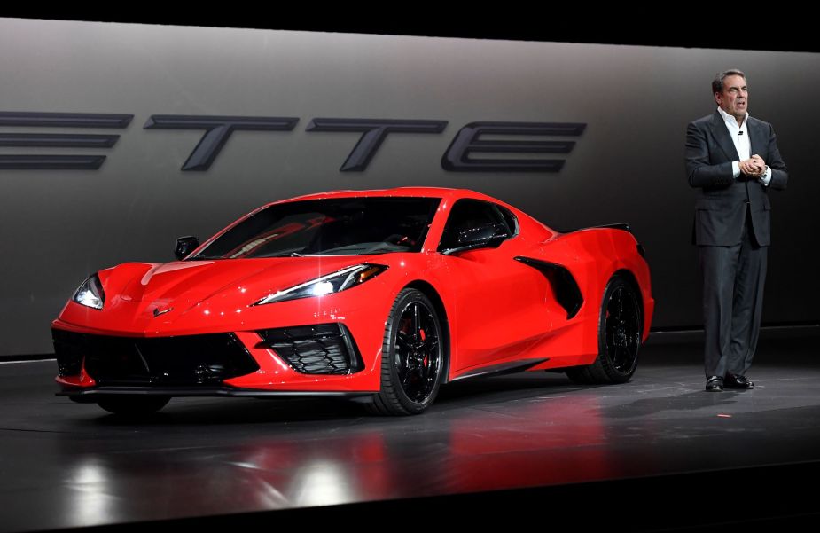 The 2020 Corvette C8 presented by General Motors president Mark Reuss during a news conference in Tustin, California