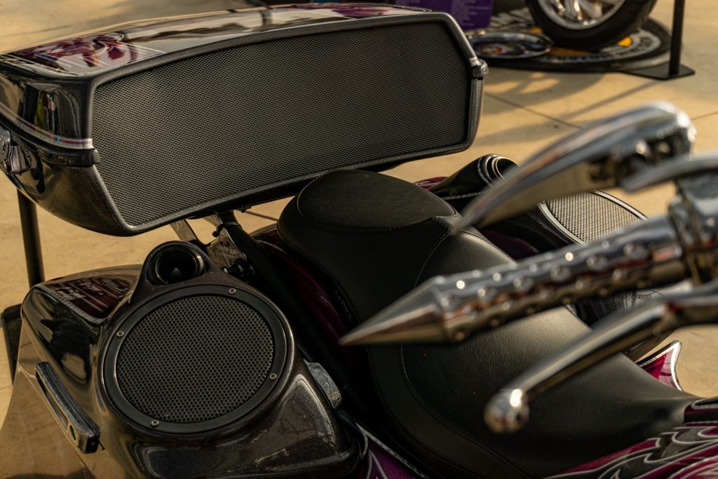 The seat and speakers on David Moreno's custom purple-and-black 2013 Harley-Davidson Street Glide bike