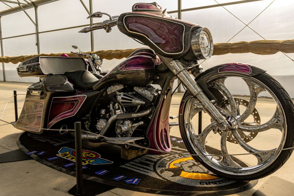 The side 3/4 view of David Moreno's custom purple-and-black 2013 Harley-Davidson Street Glide