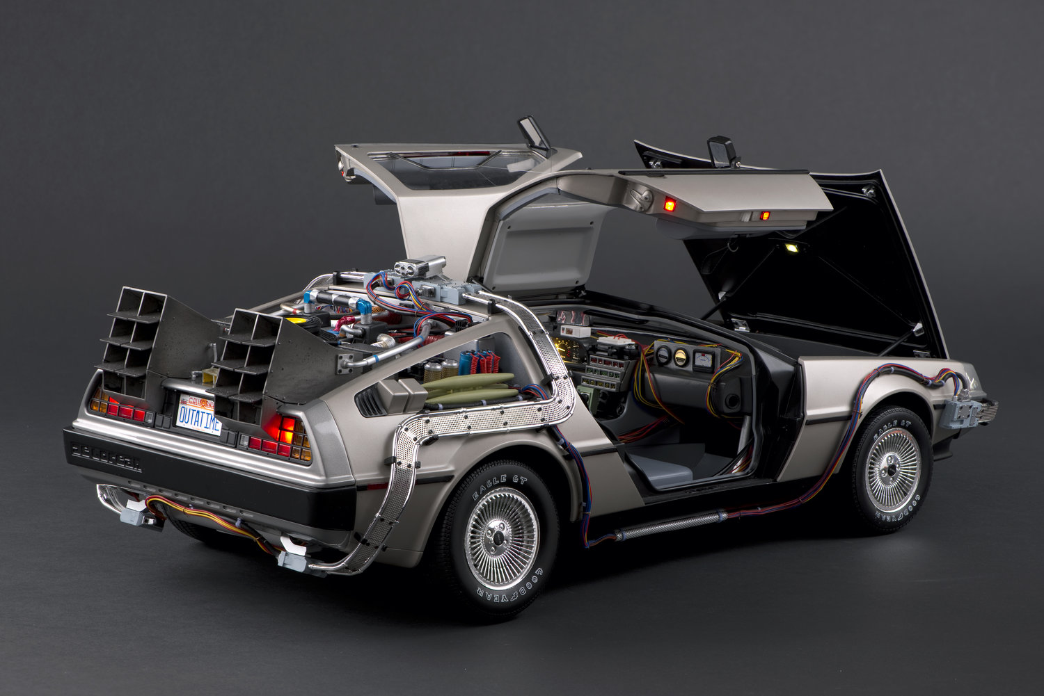 The stainless steel 1981 DeLorean DMC-12 with its doors open.