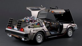 The stainless steel 1981 DeLorean DMC-12 with its doors open.