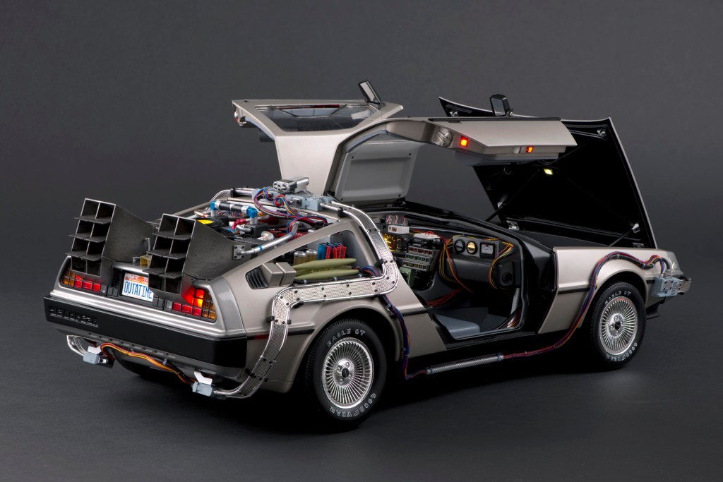 The stainless steel 1981 DeLorean DMC-12 with its doors open.