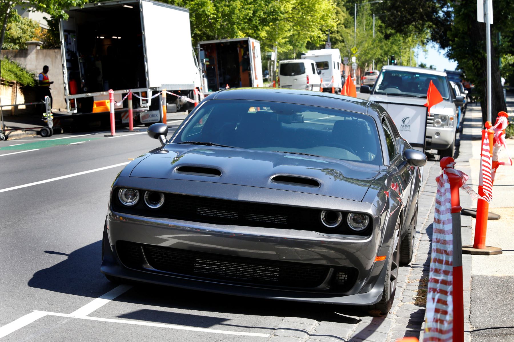 A Dodge Challenger Hellcat model used as a prop during filming for a Liam Neeson movie