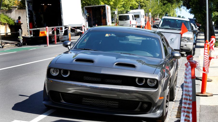 A Dodge Challenger Hellcat model used as a prop during filming for a Liam Neeson movie