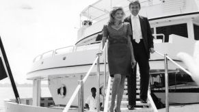 A black and white photo of Donald Trump and Ivanka Trump onboard the 'Trump Princess'